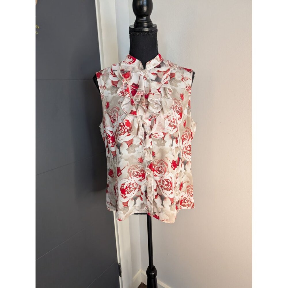 Tahari ASL Petite Gray and Red Floral Ruffle‎ Button-Down Sleeveless Blouse - PL